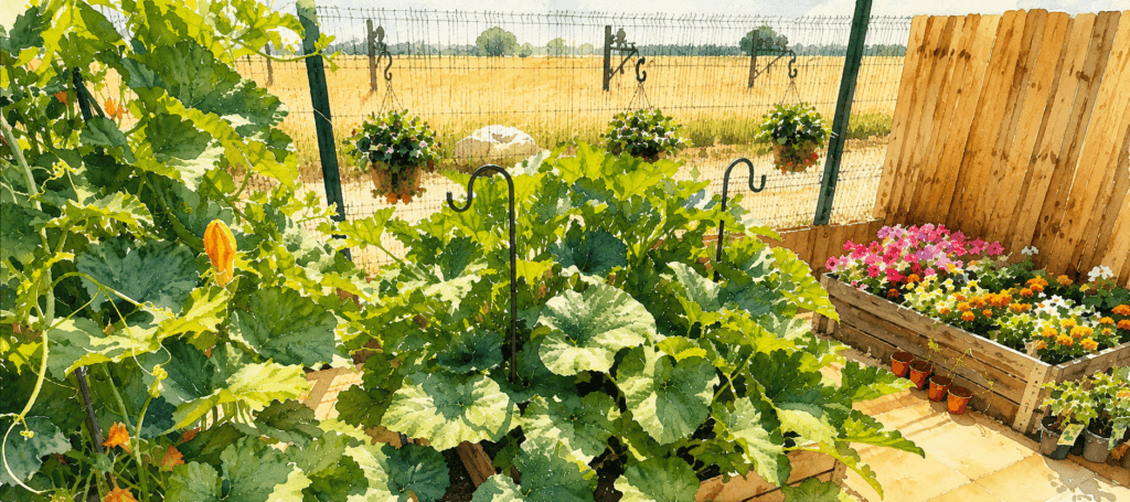 Children's kitchen garden at Lancaster Lodge Childcare with plants and flowers.