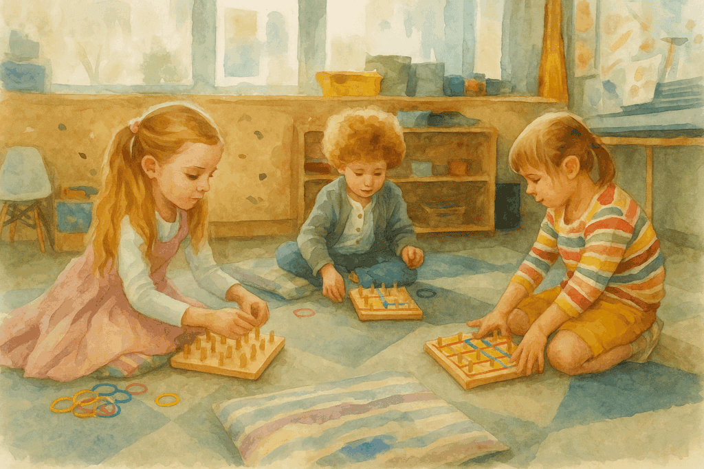 Three children playing with educational toys in a childcare setting.
