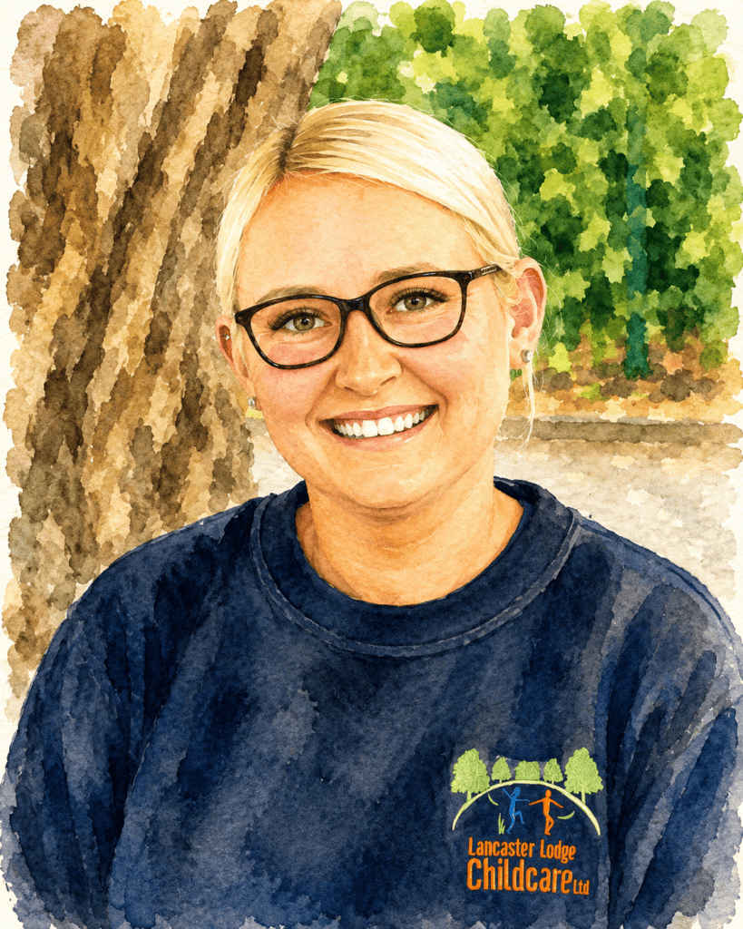 Smiling woman with glasses in childcare uniform outdoors.