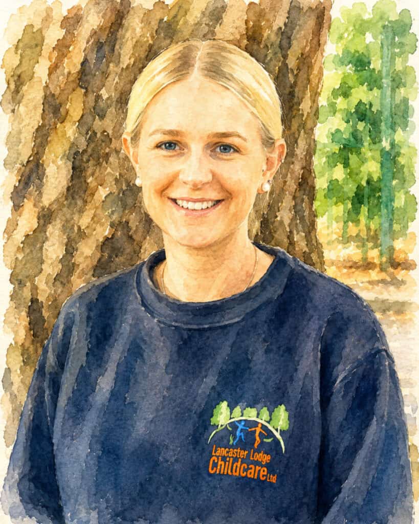 Smiling childcare staff member in navy uniform with Lancaster Lodge logo.