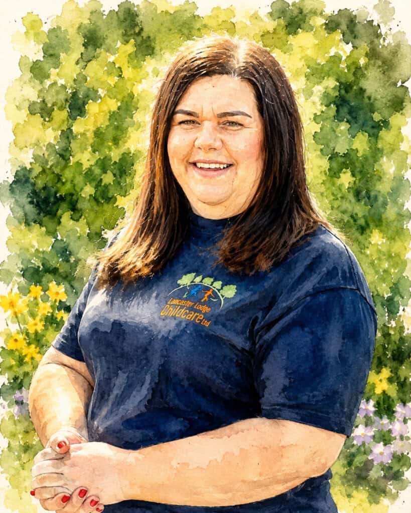 Smiling woman in childcare uniform outdoors with greenery.