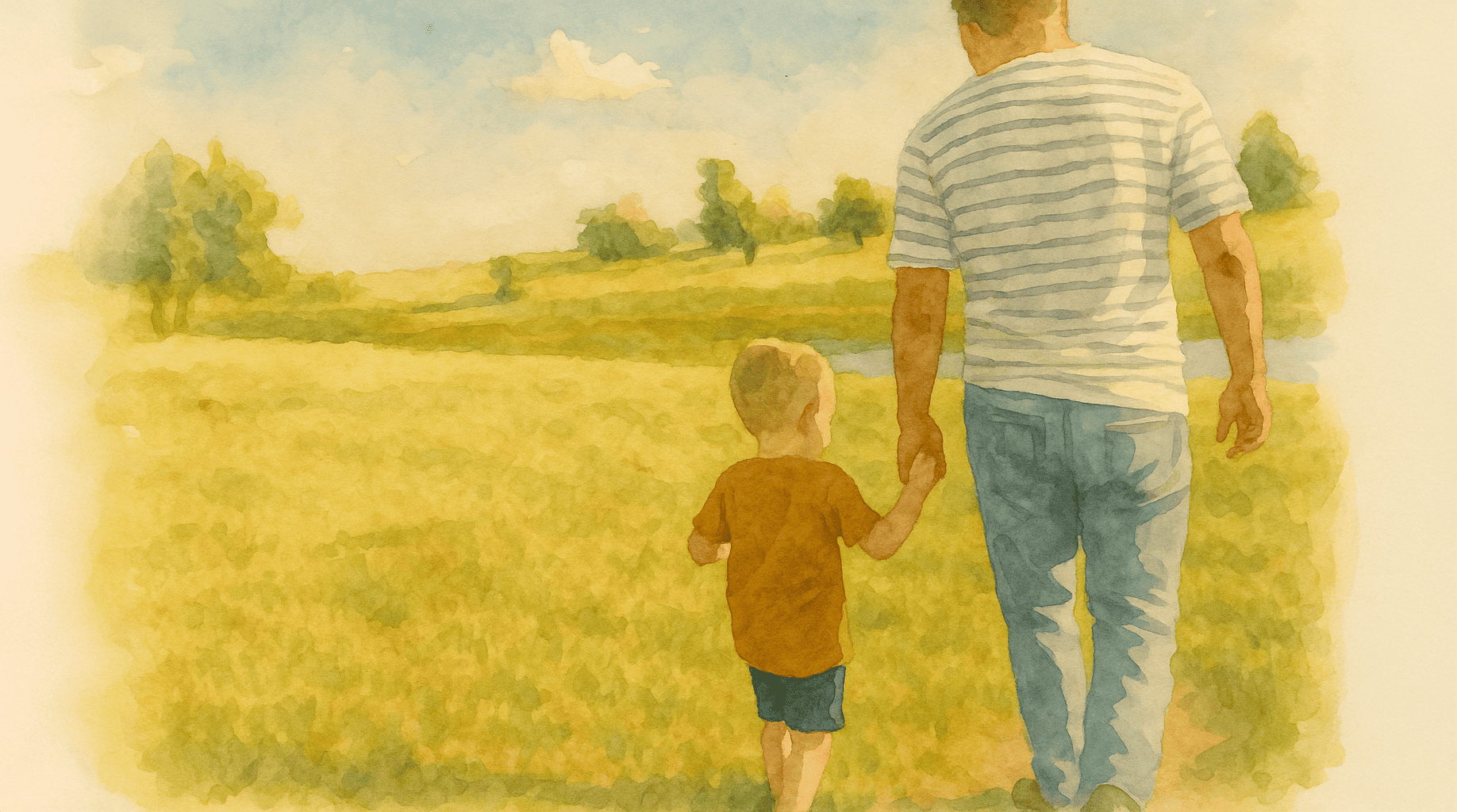 Father and son holding hands while walking through a sunny field.