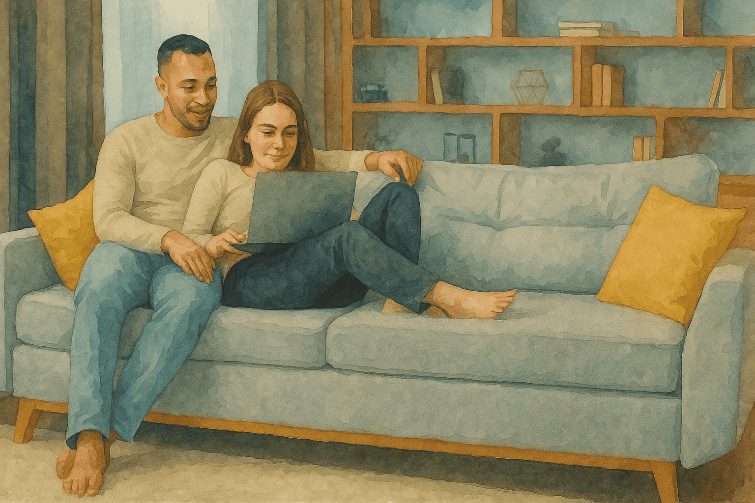 Parents relaxing on sofa with laptop in living room.
