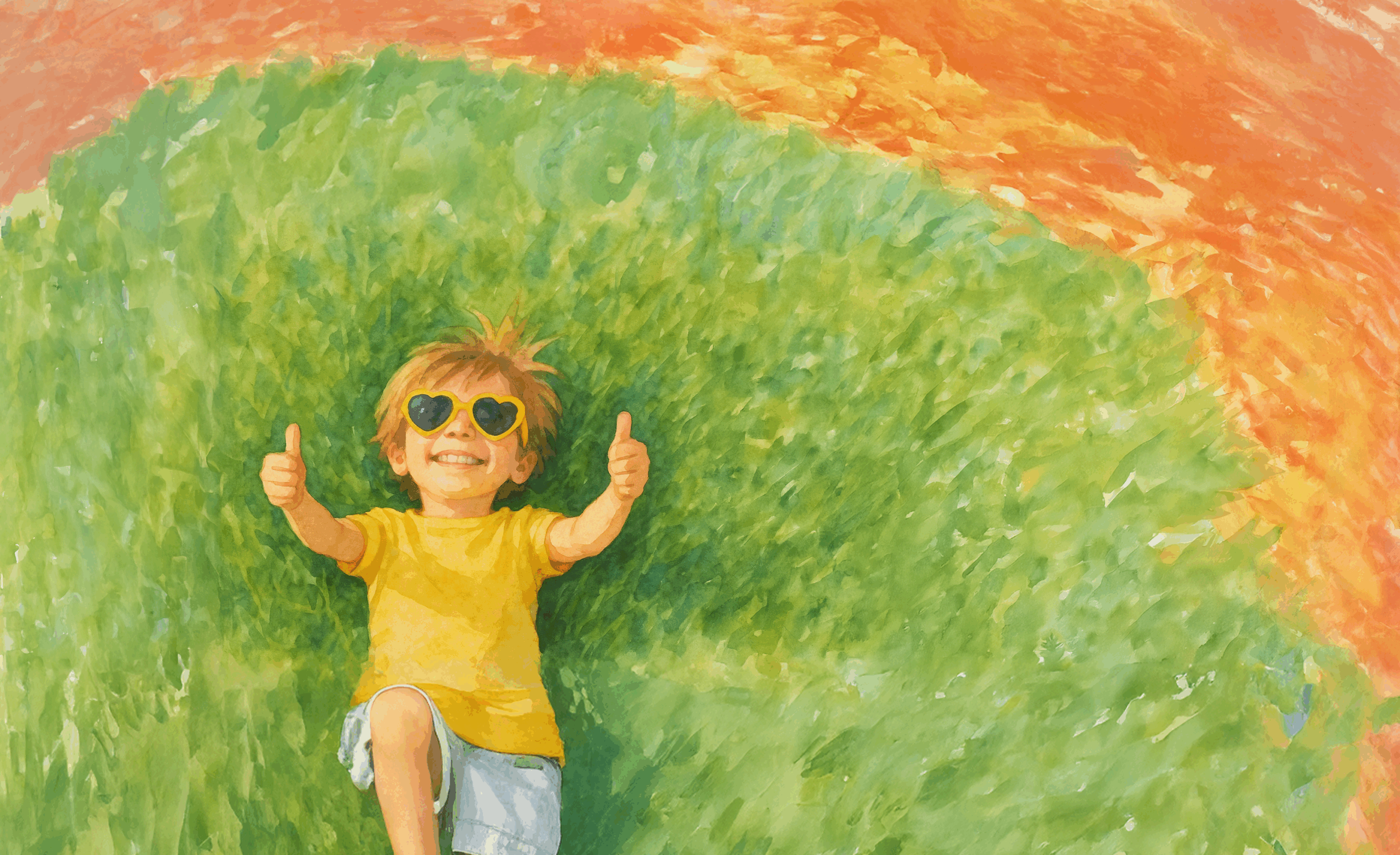 Child with sunglasses smiling and giving thumbs up outdoors.