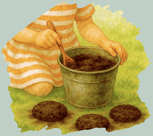 Child planting soil with a bucket and three soil balls on grass.