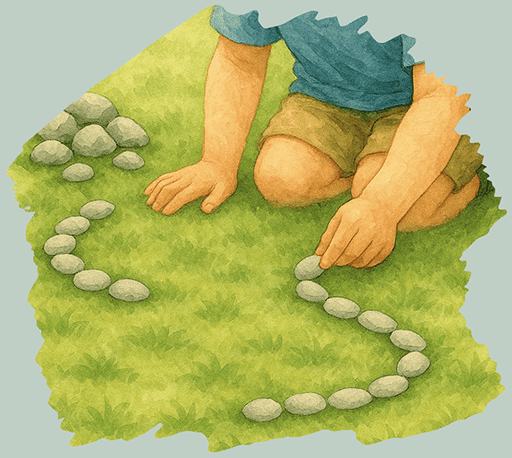 Child arranging stones on grass in outdoor play area.