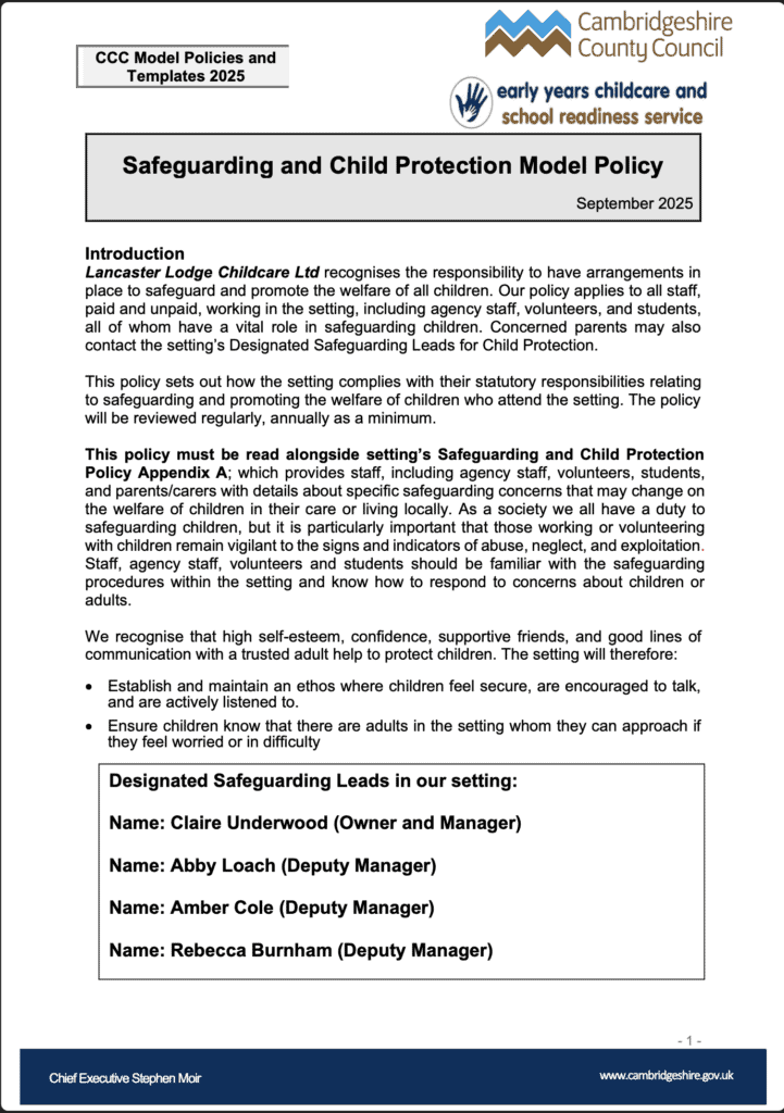 Child safeguarding policy document for Lancaster Lodge Childcare Ltd.
