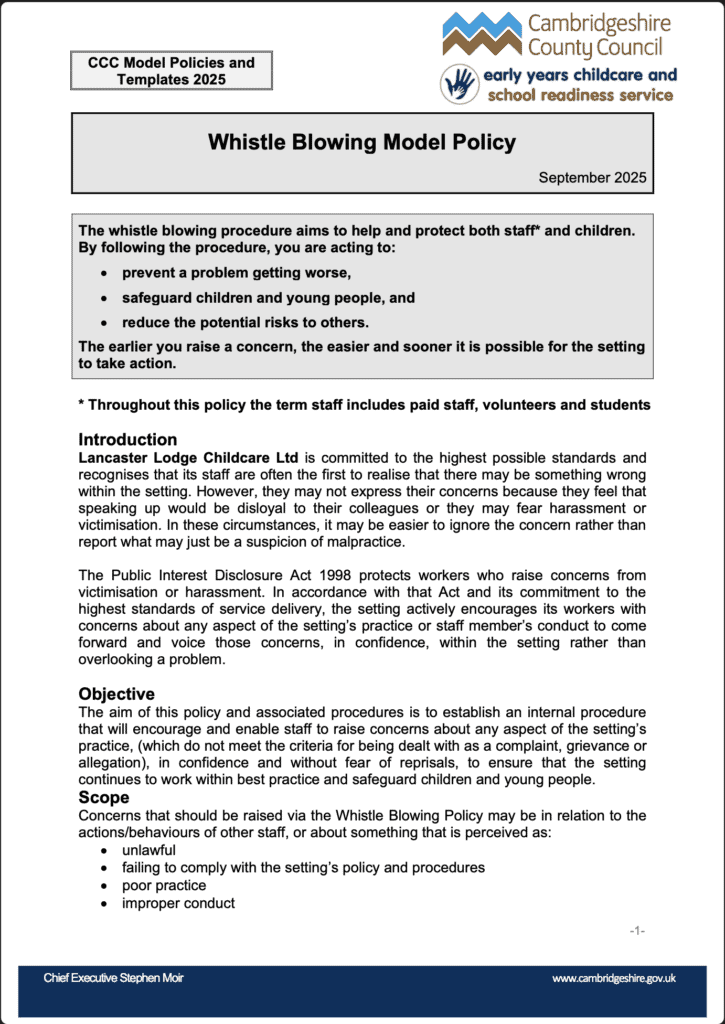 Lancaster Lodge Childcare whistle blowing policy document for staff and children safety.