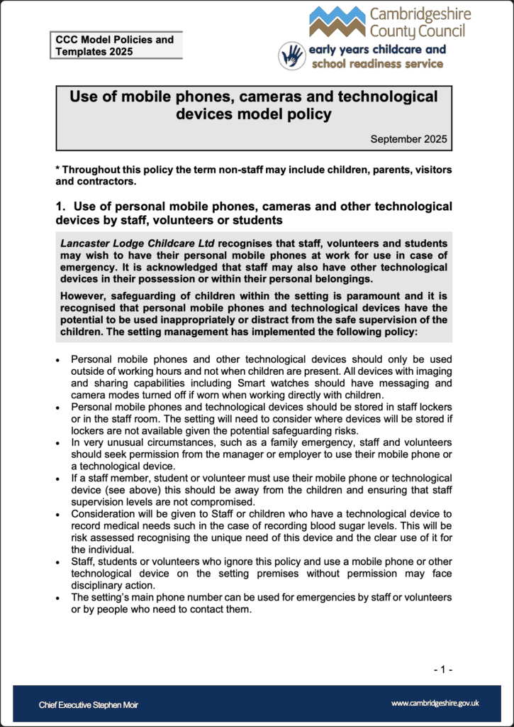 Mobile phones and devices policy at Lancaster Lodge Childcare.