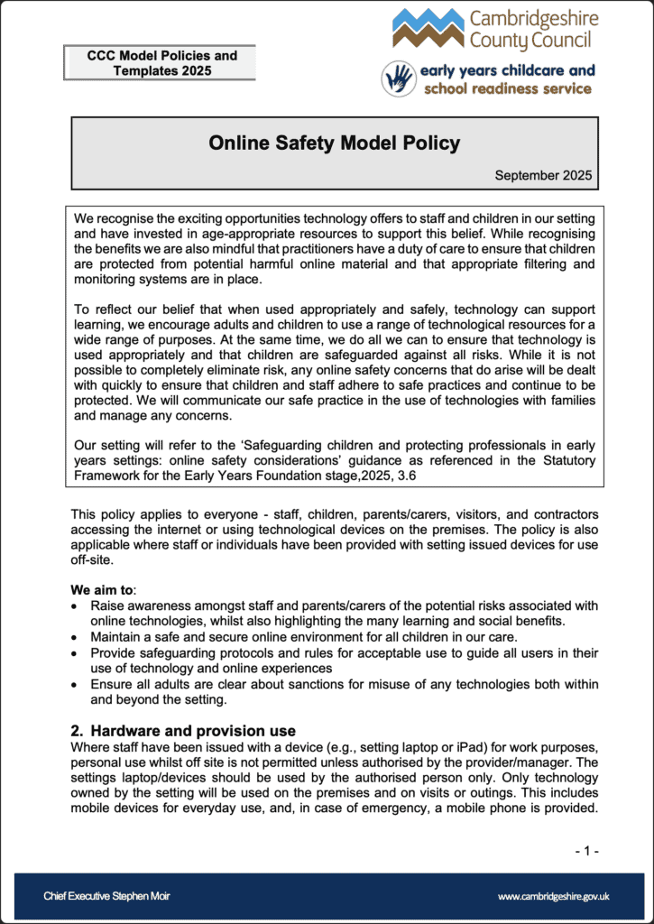 Childcare safety policy document from Cambridge County Council.