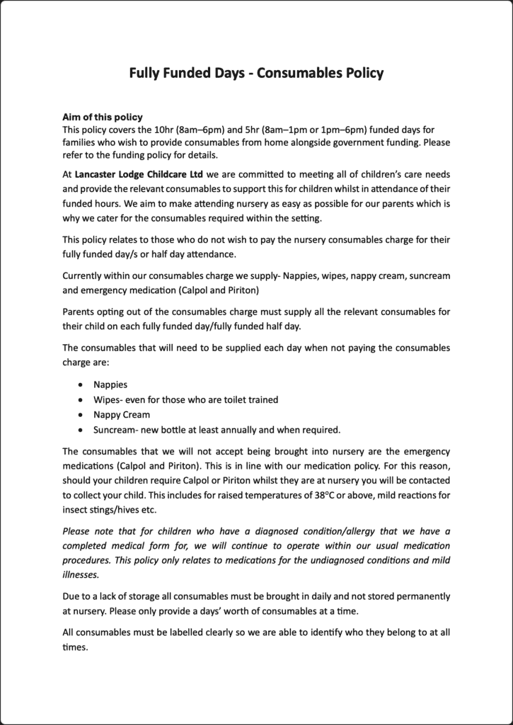 Lancaster Lodge Childcare Ltd. consumables policy for funded days and emergency medication.