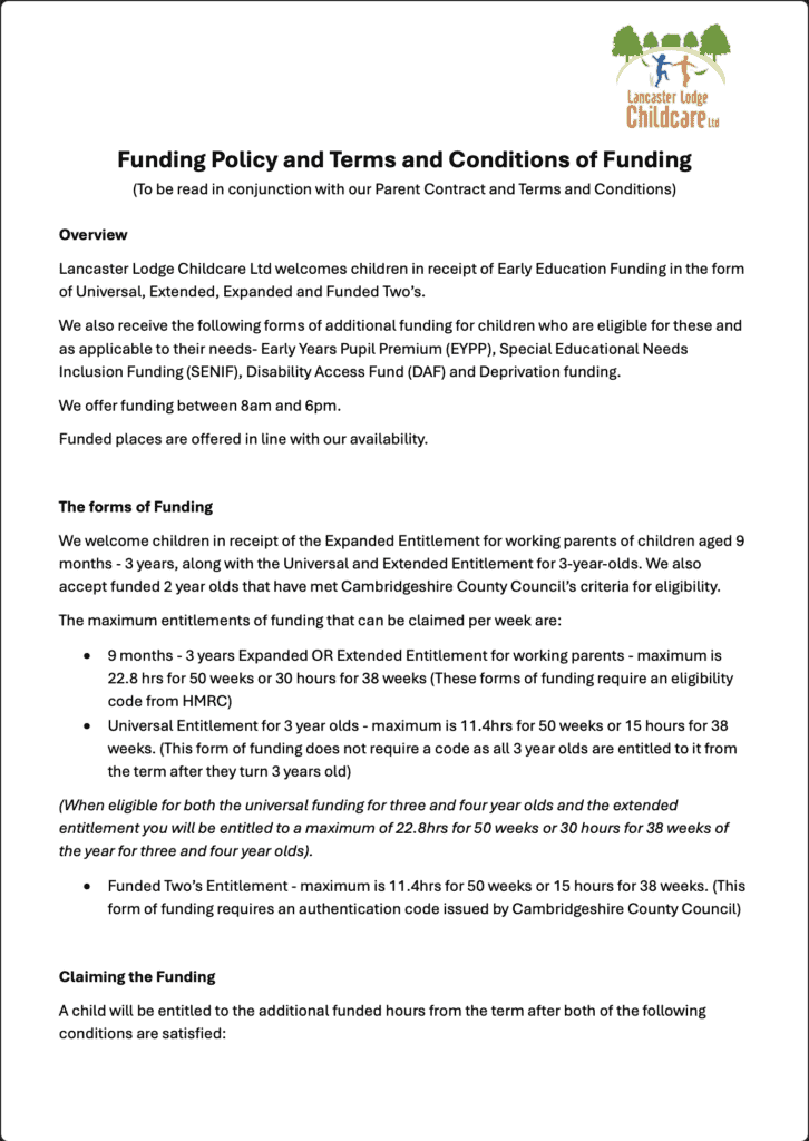 Lancaster Lodge Childcare Ltd. funding policy and terms overview.